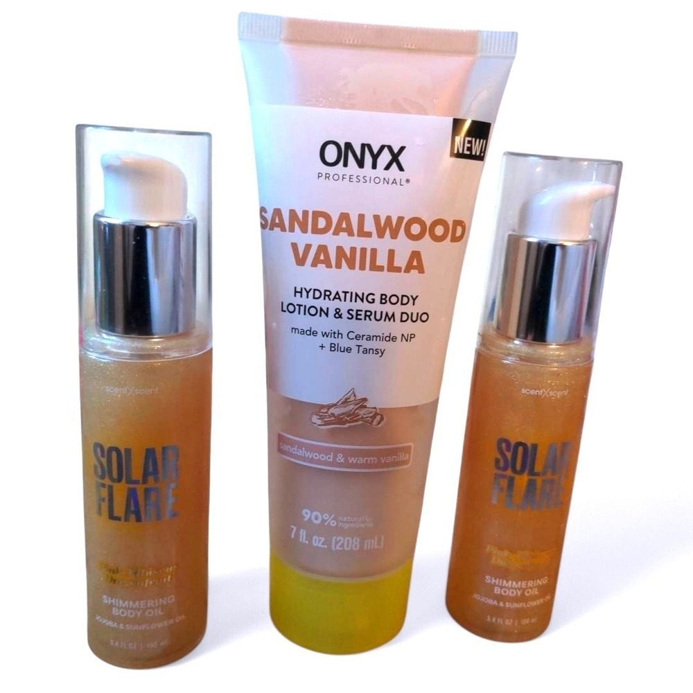 Onyx Womens 13.8oz Sandalwood Vanilla Lotion & 2 Solar Flare Body Oil Set Lot